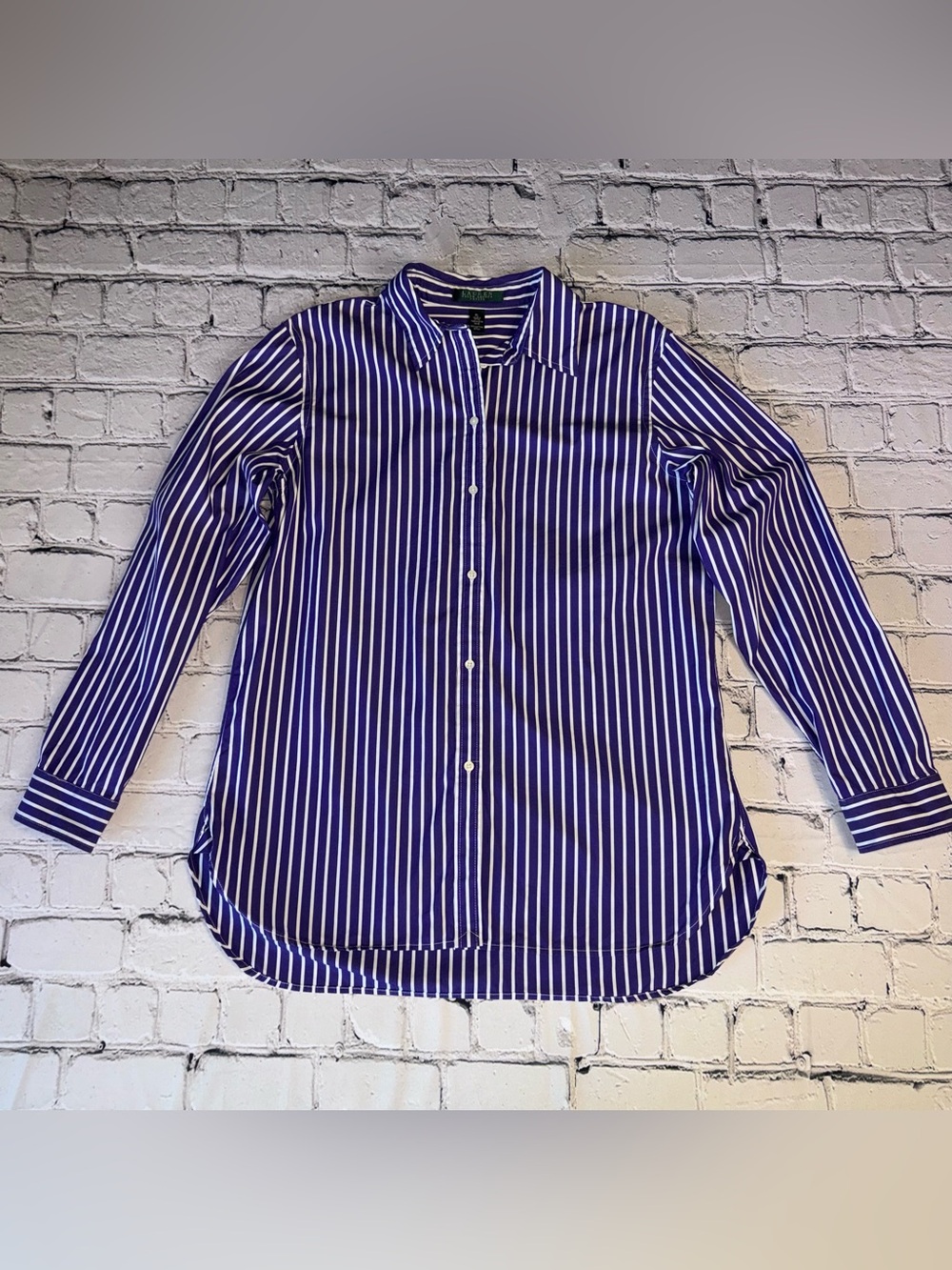 LRL Ralph Lauren Purple White Vertical Stripe Button Shirt Y2K Preppy Size PL